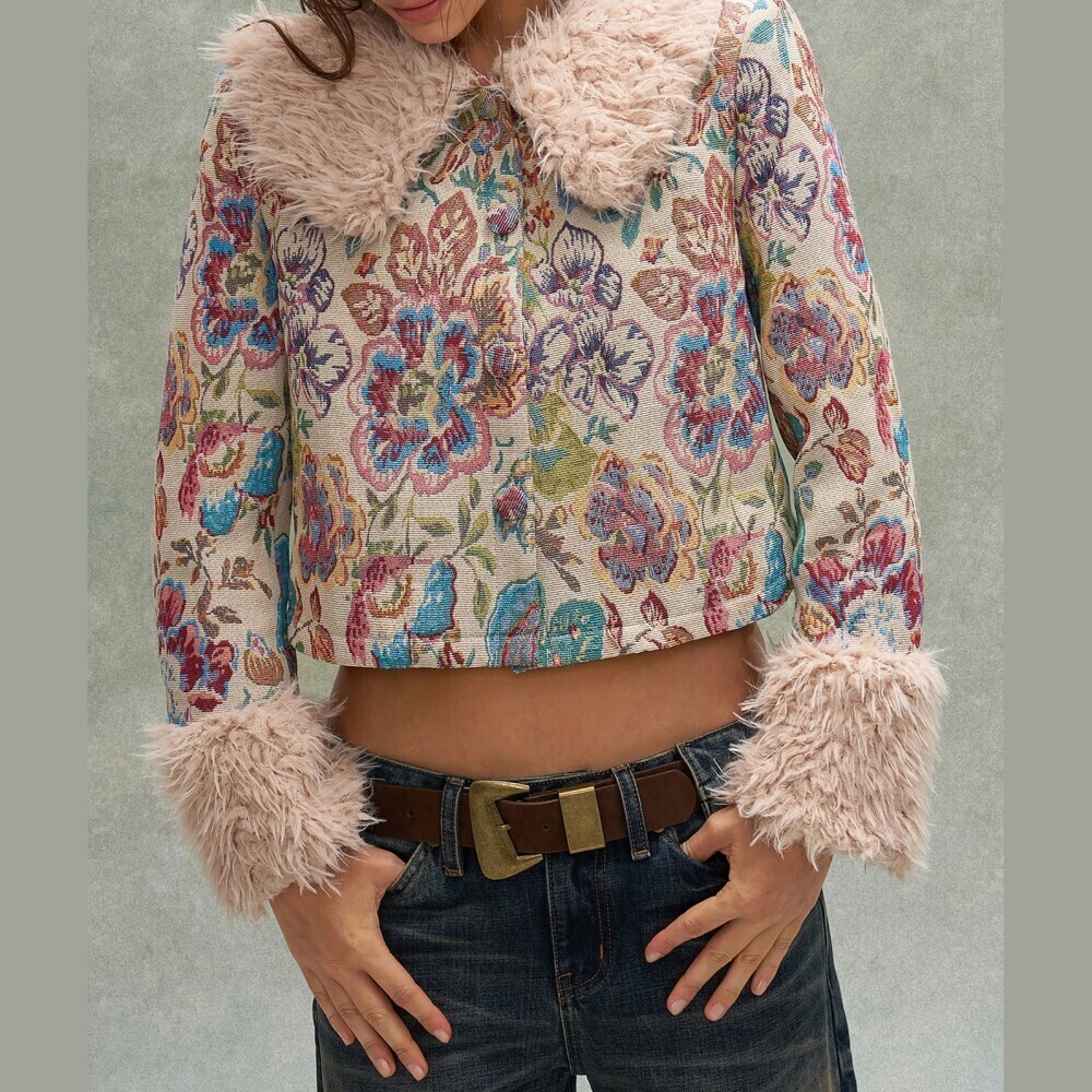 Cream Floral Tapestry Faux Fur Collar Cropped Trucker Blouson Jacket